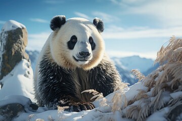 Happy Chinese New Year 2024 Smiling Panda in the Wild in Sanctuary Sichuan China Cold Winter Snow Mountain Background Wallpaper Template for PowerPoint Presentation Slides World Heritage - obrazy, fototapety, plakaty