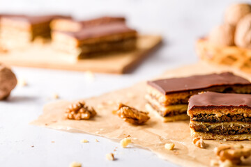 Gerbeaud Cake. Zserbo . Traditional Hungarian multi-layer cake