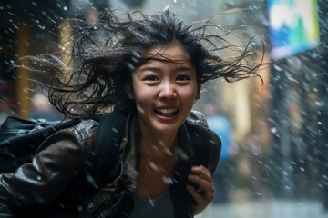Asian Female Reporter under Typhoon Tropical Storm Cyclone Hurricane Raining Thunderstorm