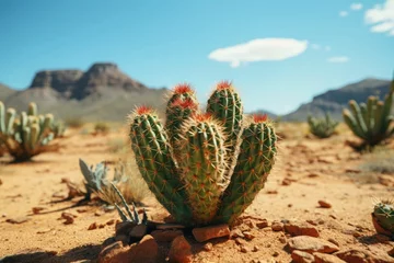 Crédence de cuisine en verre imprimé Cactus Cactus in Desert with Flower Blooming on Sunny Blue Sky Background Lophocereus Schottii Stenocereus Thurberi