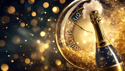 New Year's Eve. Champagne bottle with clock on golden bokeh background