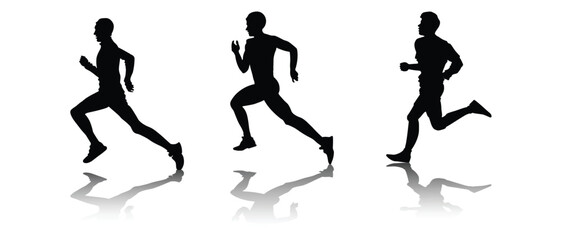Fototapeta na wymiar Vector Black Color Silhouette Runner Men Set Collection Isolated on White Background. Sport Concept Silhouette Illustration. Running Man in Race. Creative energy concept human runner icon.
