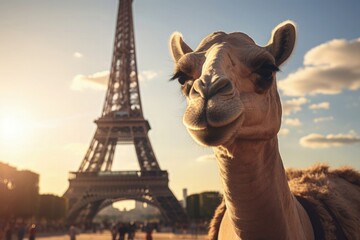 Camel in front of the Eiffel Tower Paris France looking forward to Paris Olympics Olympic Games 2024 Bonjour Le Chat Give me Five Greeting Saying Hello by The River Seine Opening Ceremony Celebration - obrazy, fototapety, plakaty