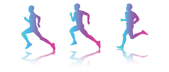 Vector Neon Colors Gradient Silhouette Runner Men Set Collection  Isolated on White Background. Sport Concept Silhouette Illustration. Running Man in Race. Creative energy concept human runner icon.