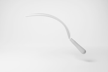 White sickle scythe floating in mid air on white background in monochrome and minimalism. Illustration of the concept of crop harvesting and grass mowing