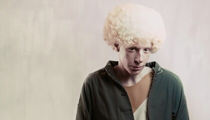 Young albino man  with unusual appearance looking at camera. Copy Space. Pale skin. Offbeat portrait. Generative AI