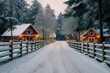 Snowy path leading to cozy red cabins in dusk light.