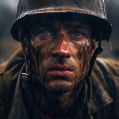 View of a Man in a soldier's uniform in the rain.