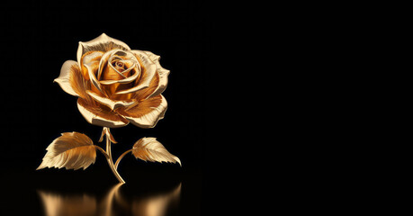 Banner golden rose on a black background, Blank greeting card.