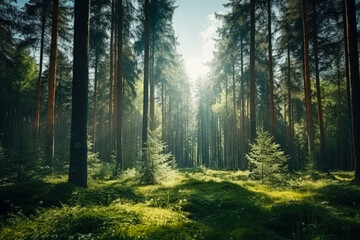 Sunbeams break through the tall pine trees, illuminating the soft moss and delicate ferns on the forest floor in a peaceful woodland. - obrazy, fototapety, plakaty