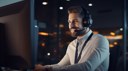 Portrait of a call center operator man in a headset in the office at a computer