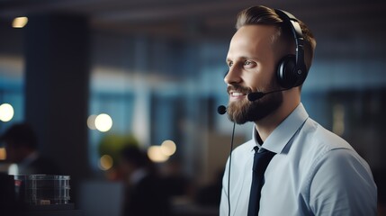 Portrait of a call center operator man in a headset in the office at a computer