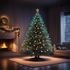 Green Christmas tree with gifts and decorations Generative AI 