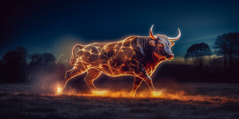A charging bull and light particles in a field at night. Bull represents aggressive financial optimism and prosperity.