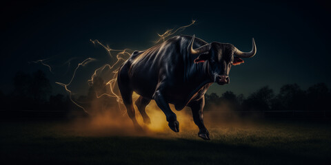 A charging bull and light particles in a field at night. Bull represents aggressive financial optimism and prosperity. - obrazy, fototapety, plakaty