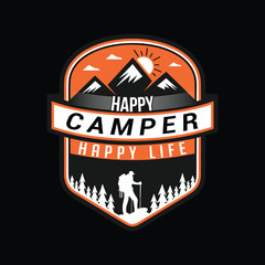 Camping creative t-shirt design vector, Adventure t-shirt design, Outdoor t shirt design,print, Camping logo design vector illustration,Happy camper happy life