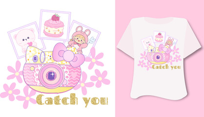 Kawaii sweet animal cute girl pink photo card camera  flowerson white background for t shirt . Inspirational quote card, invitation, banner, lettering, poster. Cartoon character happy  tee preschool 