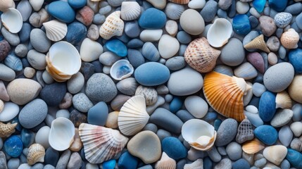 background of shells and stones on blue. - Powered by Adobe