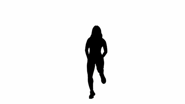 In the frame on a white background stands a slender girl in a silhouette. Demonstrates dance movement in the twerk style. She is sexy, plastic, rhythmic. Facing the camera. Medium frame.