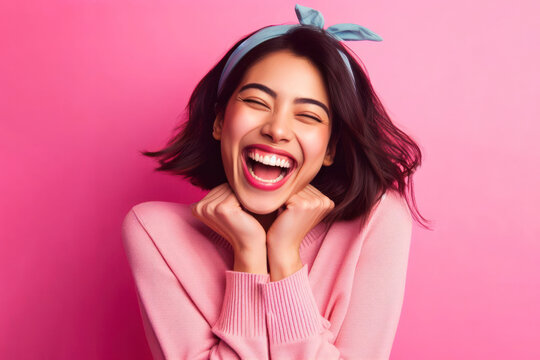 cheerful and funny happy woman in vivid shine pink background. ai generative