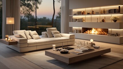 Luxurious modern living room at dusk with nature view. - obrazy, fototapety, plakaty