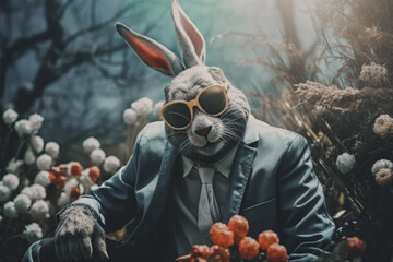 Easter bunny in a suit and sunglasses, set against a moody floral backdrop, evokes a cool yet whimsical holiday theme. - obrazy, fototapety, plakaty