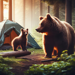 Obraz premium Photo of a brown bear and a camping tent in wilderness. ai generative