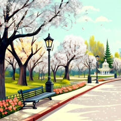 Tranquil Spring Pathway: Vector Panorama in Park Setting