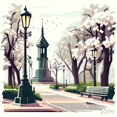 Elevated Spring Journey: Vector Road in Park Panorama