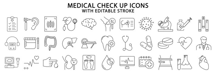Medical check up icons. Medical check up line icons. Medical check up icon set. Vector illustration. Editable stroke.