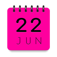 22 day of the month. June. Pink calendar daily icon. Black letters. Date day week Sunday, Monday, Tuesday, Wednesday, Thursday, Friday, Saturday. Cut paper. White background. Vector illustration.