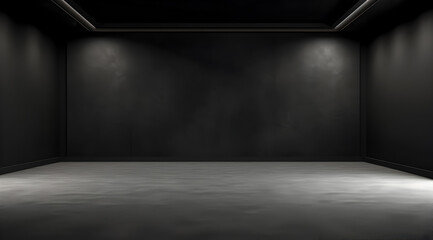 Dark room with black walls and floor, illuminated by ceiling lights.