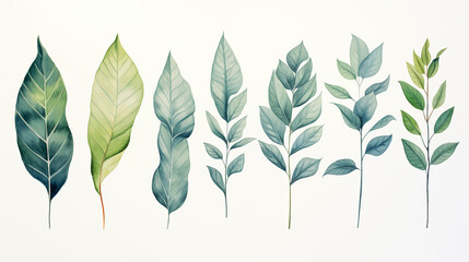 Various watercolor leaves on a white background, in the style of dark green and light gray, naturalistic plein air painting, bright white and light indigo, use of earth tones, detailed natural shapes.