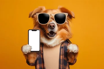 Foto op Plexiglas Shocked dog in sunglasses holding smartphone with white mockup screen on solid color background. ai generative © Igor