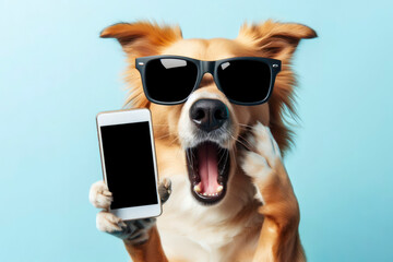 Shocked dog in sunglasses holding smartphone with white mockup screen on solid color background. ai generative - obrazy, fototapety, plakaty