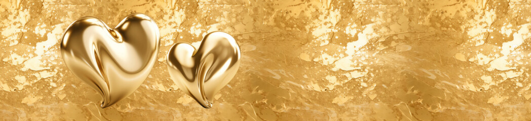 Golden background.  Golden heart. Banner on a gold background two gold hearts.