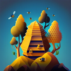 Sweet Bee Life: Vector Hilltop Beehive and Bees