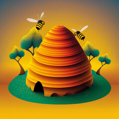 Beehive Utopia: Vector Scene with Three Bees Above Hill