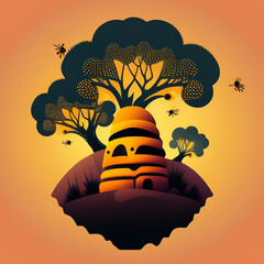 Sunny Hillside Bees: Vector Beehive and Three Bees