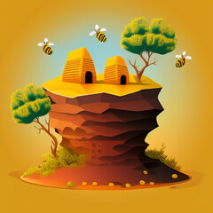 Hillview Honey Hub: Vector Beehive and Three Bees
