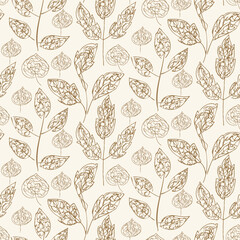 Scribbled leaf vector seamless background pattern. Neutral color background with leaves. Textural design outline foliage. Botanical sprigs all over print. Decorative botanical repeat for packaging,