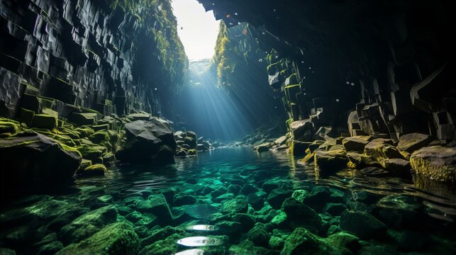 Underwater Cenote Adventure. Scuba Diving in Beautiful Cavern with Sunlight and Crystal Clear Water