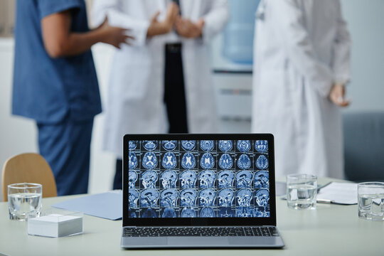 Background image of X ray images on computer screen on table in medical clinic, copy space