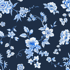 Beautiful floral seamless pattern with hand drawn watercolor wild blue and white herbs and flowers. Stock illustration.