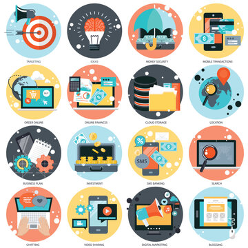 Business and technology colorful modern icon set for websites and mobile applications. Flat vector illustration
