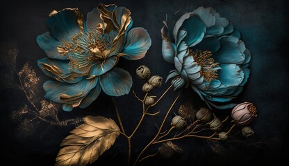 Generative AI, Close up of blooming flowerbeds of amazing blue flowers on dark moody floral textured background. Photorealistic effect.	
