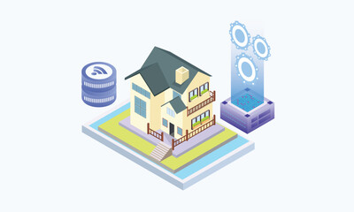 Isometric smart home concept.monitoring house system automatization performances, managing from mobile app with wifi.on white background.3D design.isometric vector design Illustration.