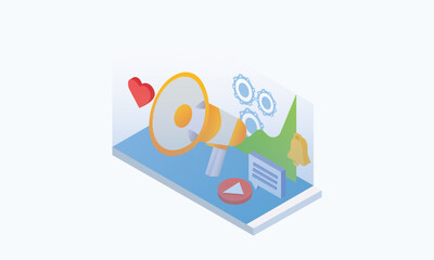 Isometric Social media marketing concept.making business promotion online and attracting followers with new content.on white background.3D design.isometric vector design Illustration.