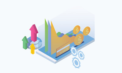 Isometric Finance concept. financial accounting and money management, analyzing data graphs and charts of account.on white background.3D design.isometric vector design Illustration.