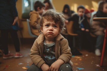 little boy sitting and crying in kindergarten sad unhappy